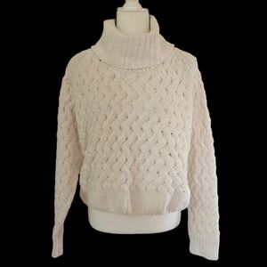 Kendall + Kylie Chunky Knit Turtleneck Cropped Sweater LARGE Cream White